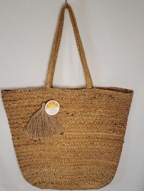 C&C California Home Natural Jute Tote Bag with Metallic Stripes and Tassel